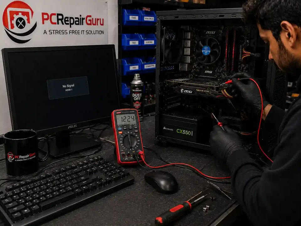 Computer Won't Wake From Sleep? Black Screen and Power Checks Computer with a black screen being diagnosed for sleep and wake problems at PC Repair Guru Birmingham