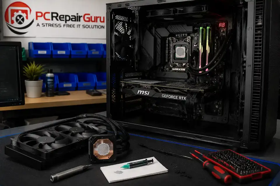 Gaming PC Overheating: Thermal Paste or CPU Cooler Upgrade? Gaming PC CPU cooler and thermal paste being checked during overheating diagnosis at the PC Repair Guru Birmingham workshop