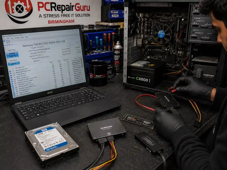 Is Your Hard Drive or SSD Failing? Warning Signs Before You Lose Data Hard drive and SSD being tested for failure and data loss at PC Repair Guru Birmingham