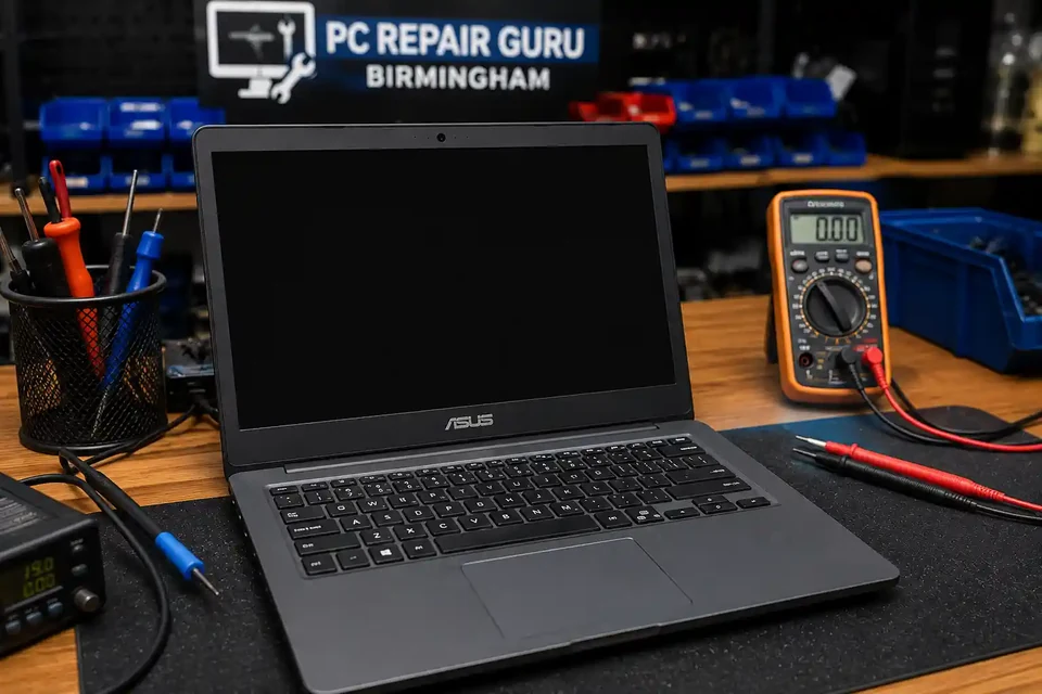 Laptop Turns On but the Screen Is Black? Birmingham Diagnosis Guide Laptop with a black screen being diagnosed at the PC Repair Guru workshop in Birmingham