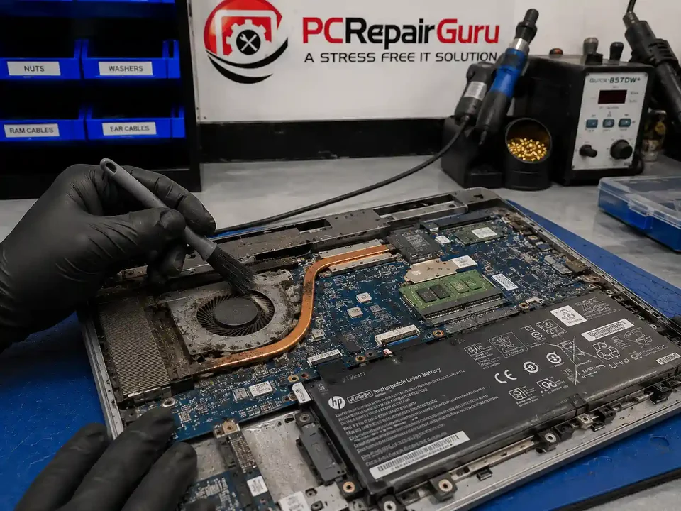 Laptop Fan Loud or Running Constantly? What It Means and What to Check Laptop cooling fan and heatsink being inspected for noise and overheating at the PC Repair Guru Birmingham workshop