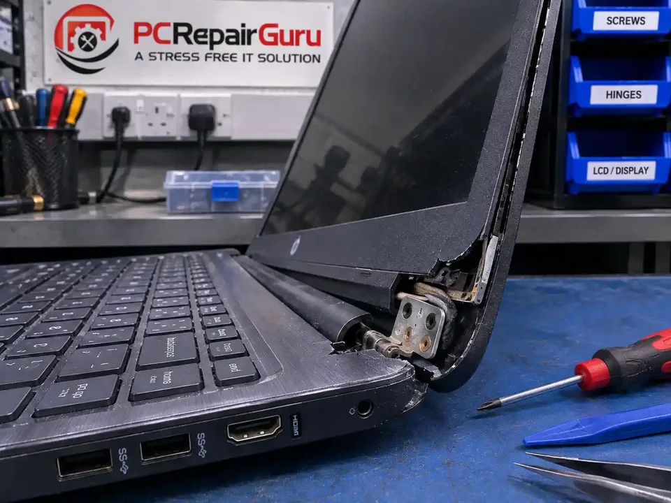 Laptop Hinge Broken: Can It Be Repaired Without Replacing the Screen? Broken laptop hinge and casing being inspected at the PC Repair Guru Birmingham workshop