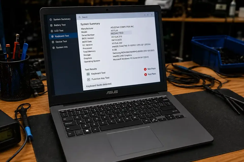 Laptop Keyboard Not Working in Birmingham? Repair or Replace Guide ASUS laptop showing failed keyboard and function key diagnostic tests at a Birmingham repair workshop