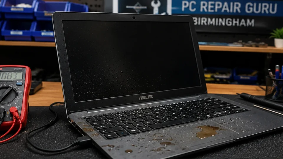 Spilled Liquid on Your Laptop? What to Do First in Birmingham Laptop with liquid damage awaiting professional inspection at the PC Repair Guru workshop in Birmingham