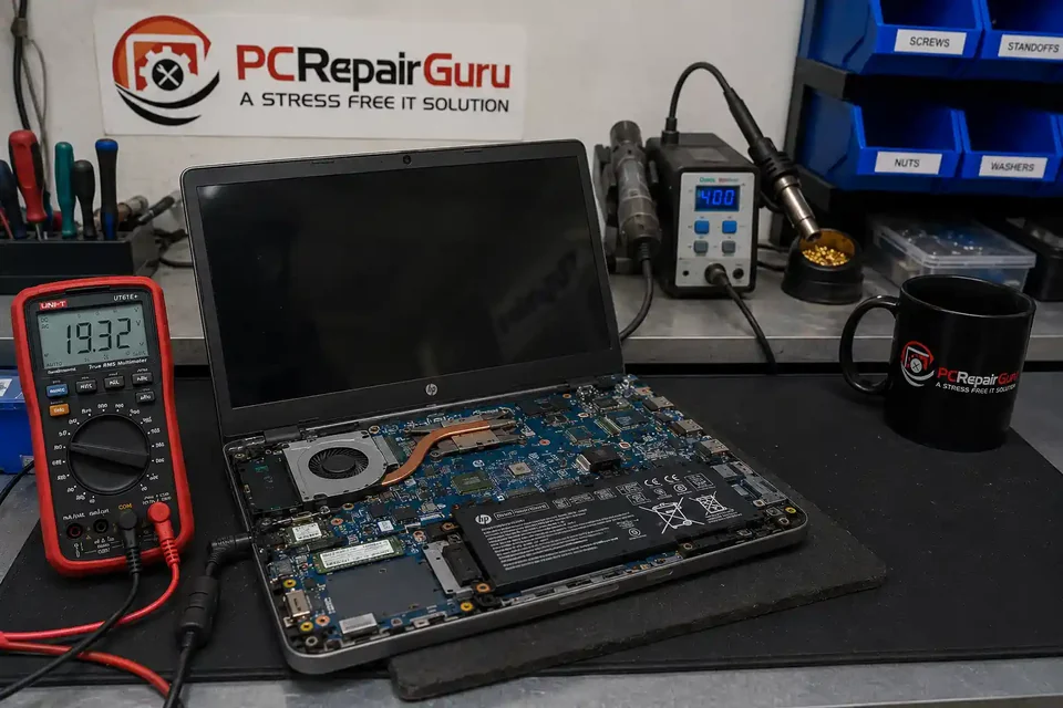 Laptop Not Charging? Charger, Battery or Charging Port? Laptop charging fault being diagnosed with a multimeter at the PC Repair Guru Birmingham workshop