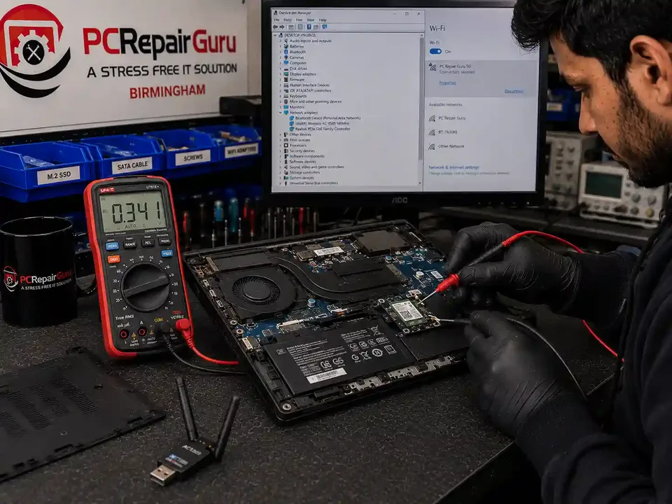 Wi-Fi Keeps Disconnecting on Your Laptop or PC? What to Check First Laptop Wi-Fi card and antenna connections being diagnosed for connection problems at PC Repair Guru Birmingham