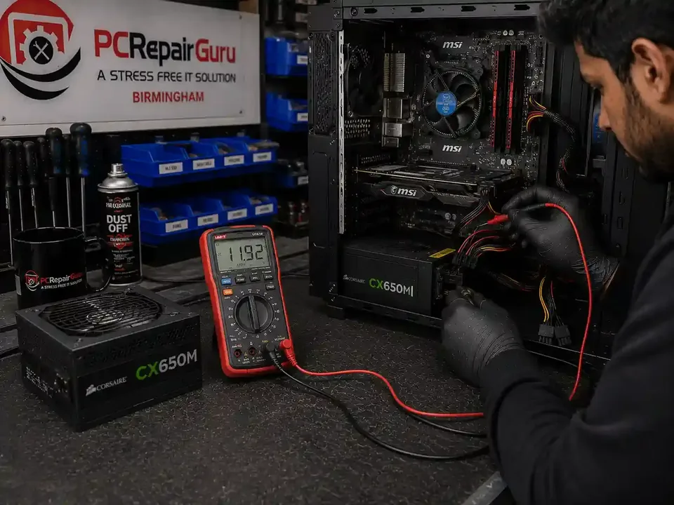 PC Turns On and Off Repeatedly Before Windows Loads: Power-Cycling Diagnosis Desktop PC power and startup path being diagnosed for repeated power cycling at PC Repair Guru Birmingham