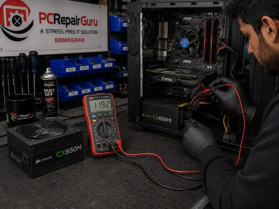 Is Your PC Power Supply Failing? Signs, Safe Checks and When to Replace It Desktop PC power supply being tested for voltage and power faults at PC Repair Guru Birmingham