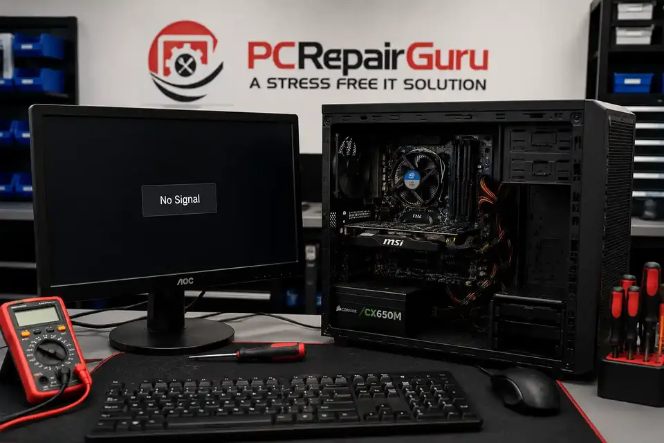 PC Turns On but No Display in Birmingham: What to Check First Desktop PC with power but no display being diagnosed at the PC Repair Guru workshop in Birmingham