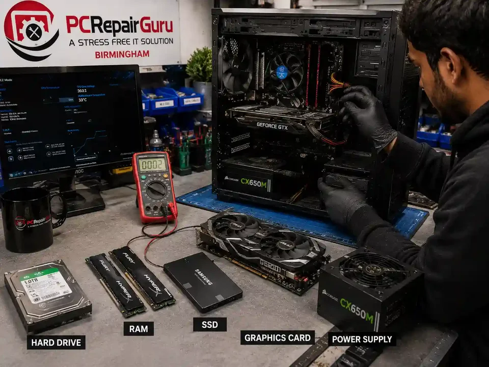 Desktop PC components being assessed for upgrades at PC Repair Guru Birmingham