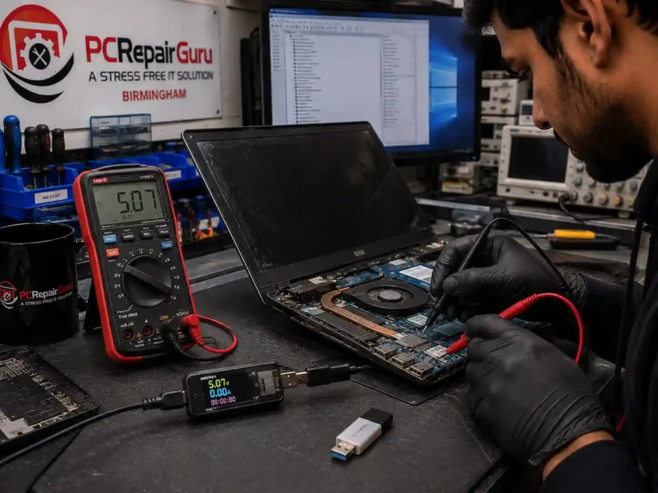 USB Ports Not Working? Driver, Power or Hardware Fault? Laptop USB port being tested for power and hardware faults at PC Repair Guru Birmingham