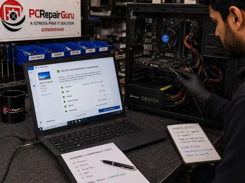 Windows 10 Support Has Ended: Upgrade to Windows 11, Use ESU or Replace the PC? Windows 10 computer being checked for Windows 11 compatibility at PC Repair Guru Birmingham